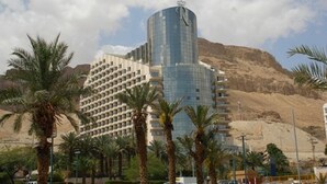 A hotel with a modern design, featuring a prominent tower and multiple floors. Palm trees are visible in the foreground, and a desert landscape with a mountain in the background.