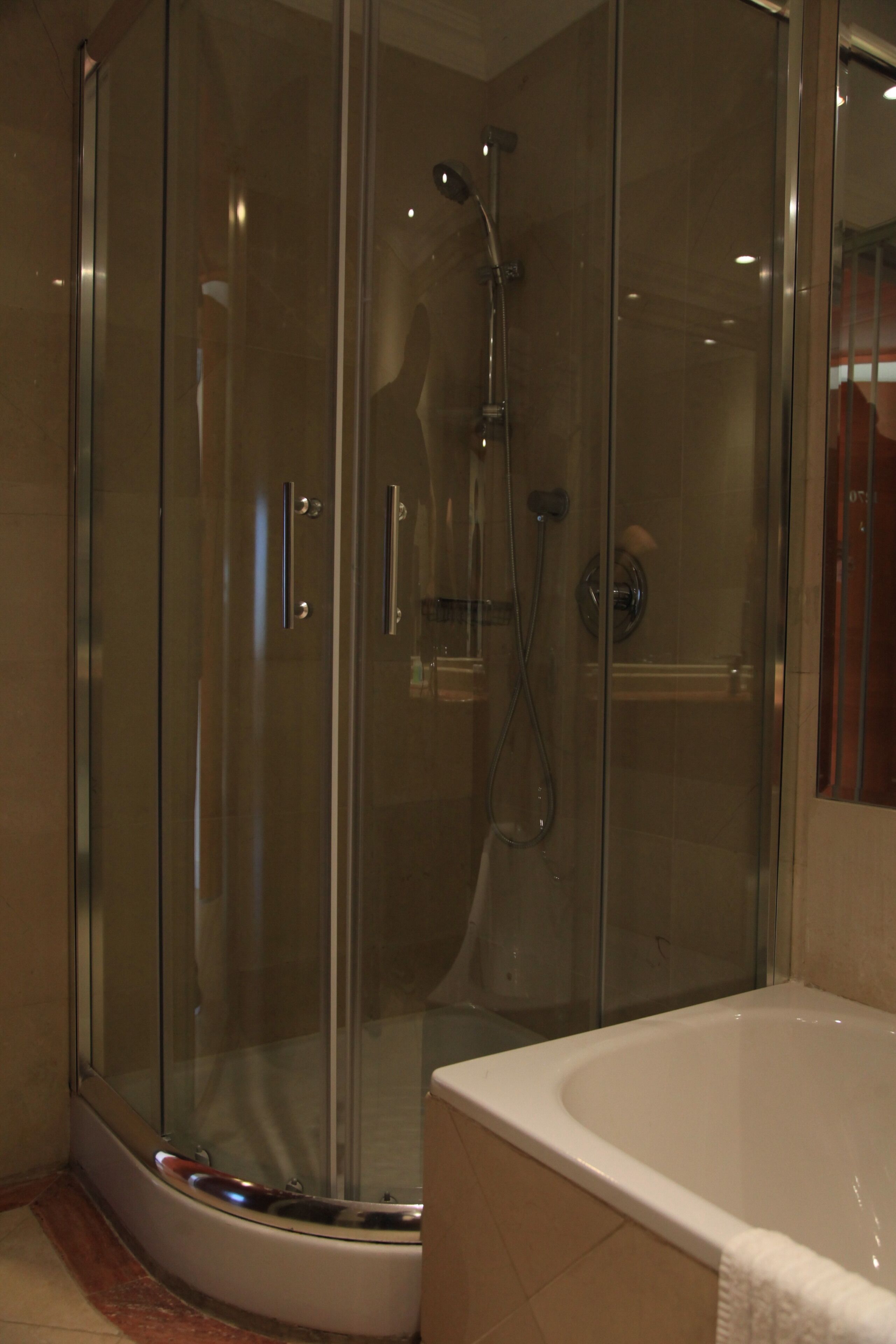 Un espace douche fermé par des parois de verre, avec une baignoire.