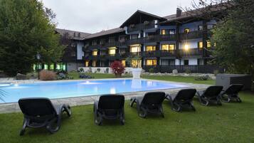 Indoor pool, outdoor pool, open 9:00 AM to 8:00 PM, pool umbrellas