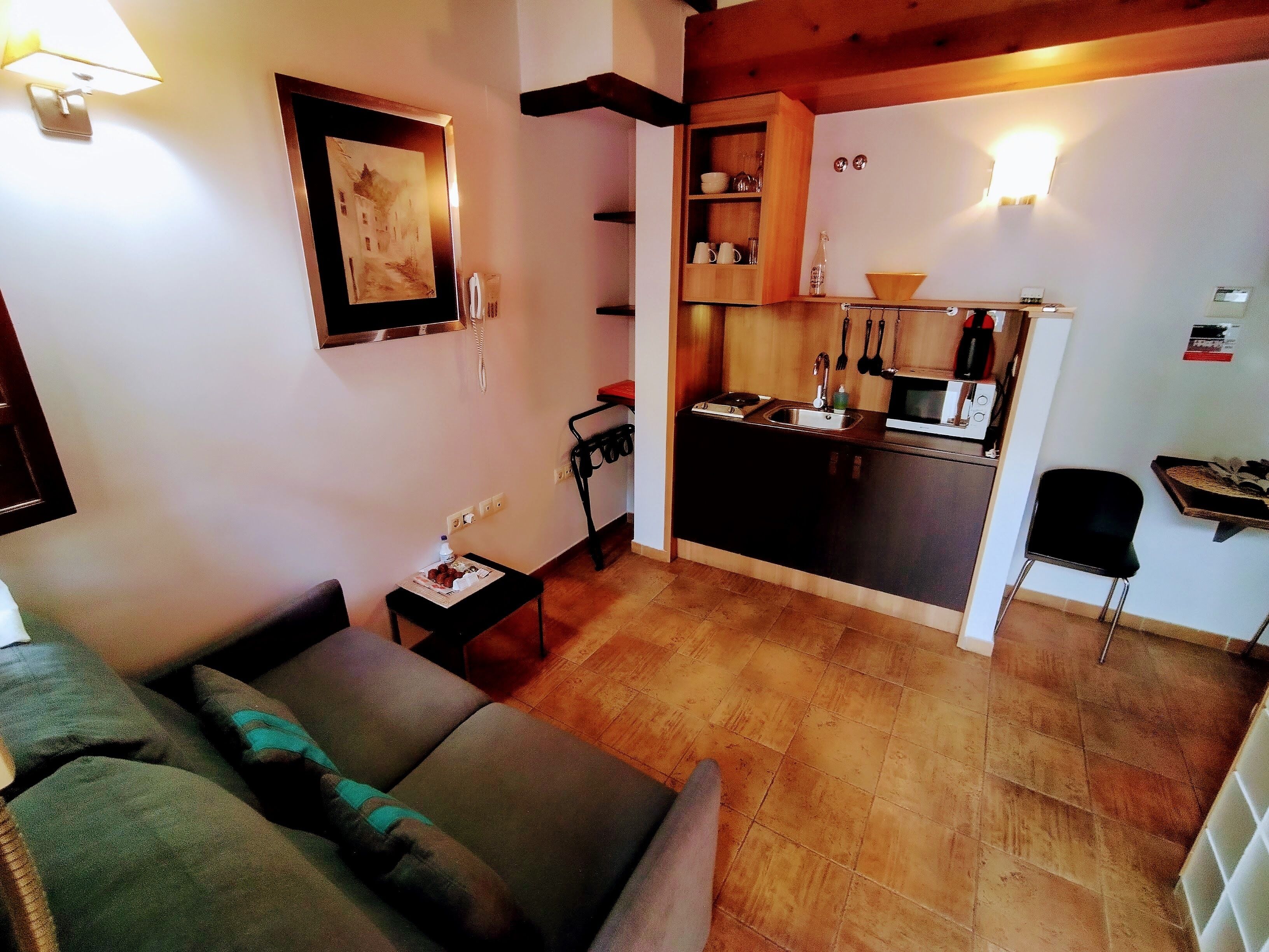 A compact living space with a kitchenette, a sofa, a small table, and a chair.