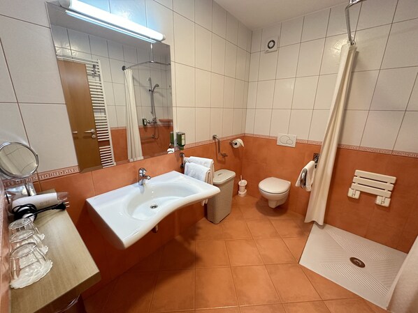 Une salle de bain équipée d’un lavabo, de toilettes, d’une douche et d’un miroir.
