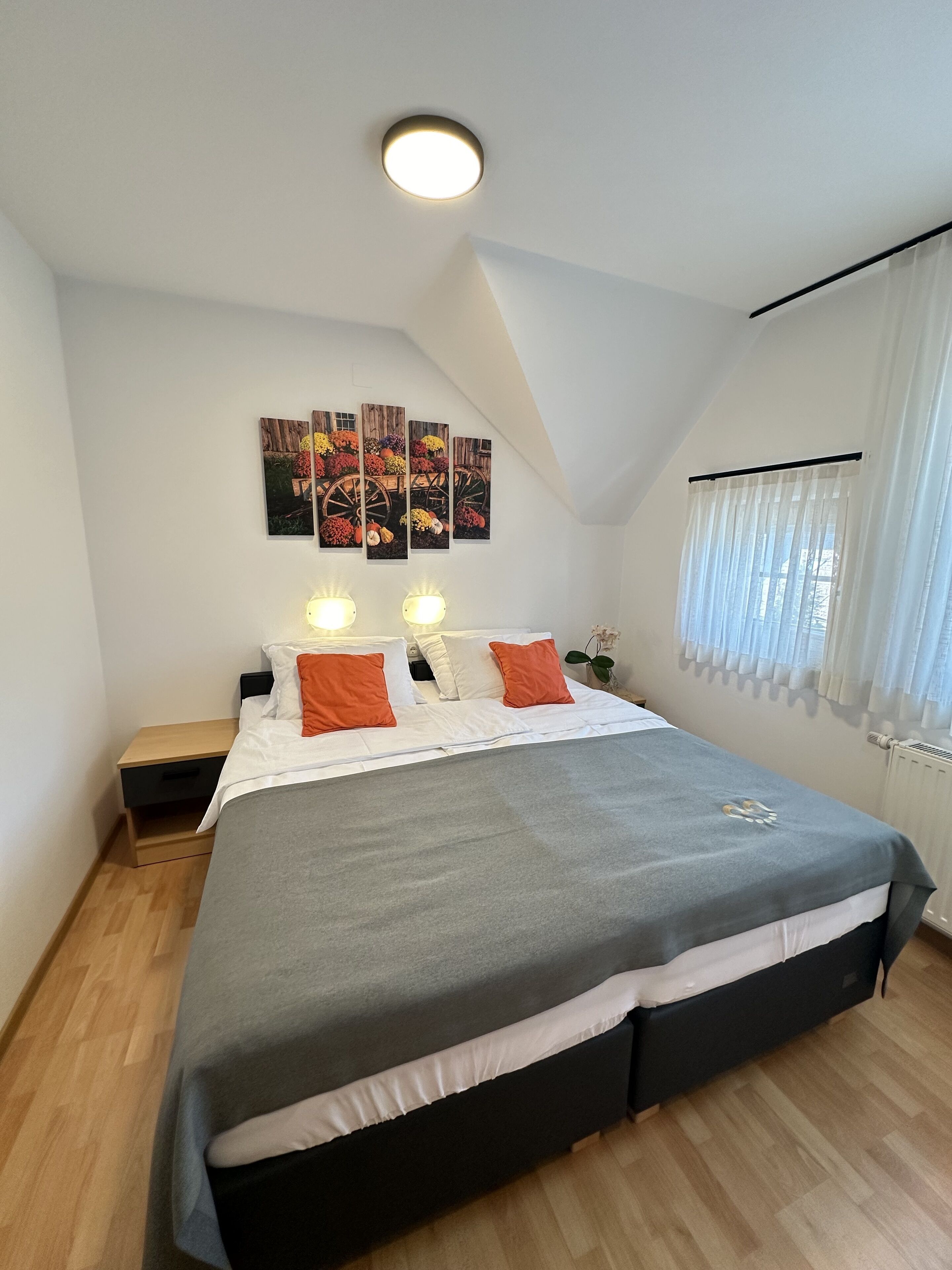 A bedroom with a large bed, two bedside tables, a ceiling light, a window with curtains, and a wall-mounted artwork.