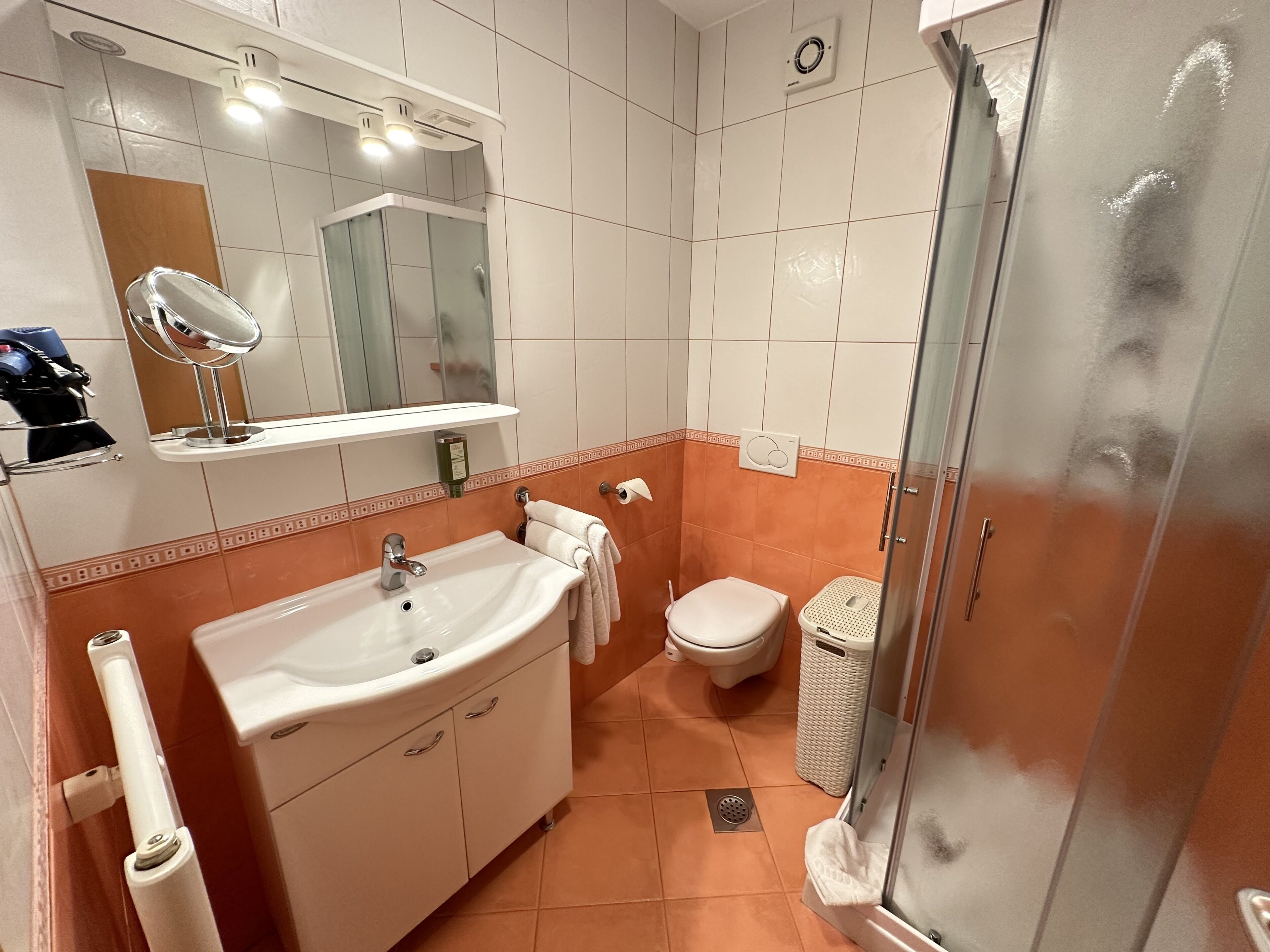 A bathroom with a sink, mirror, toilet, and shower.