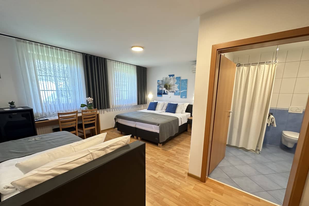 A hotel room with two beds, a desk with a chair, a small TV, and a bathroom with a shower and toilet.