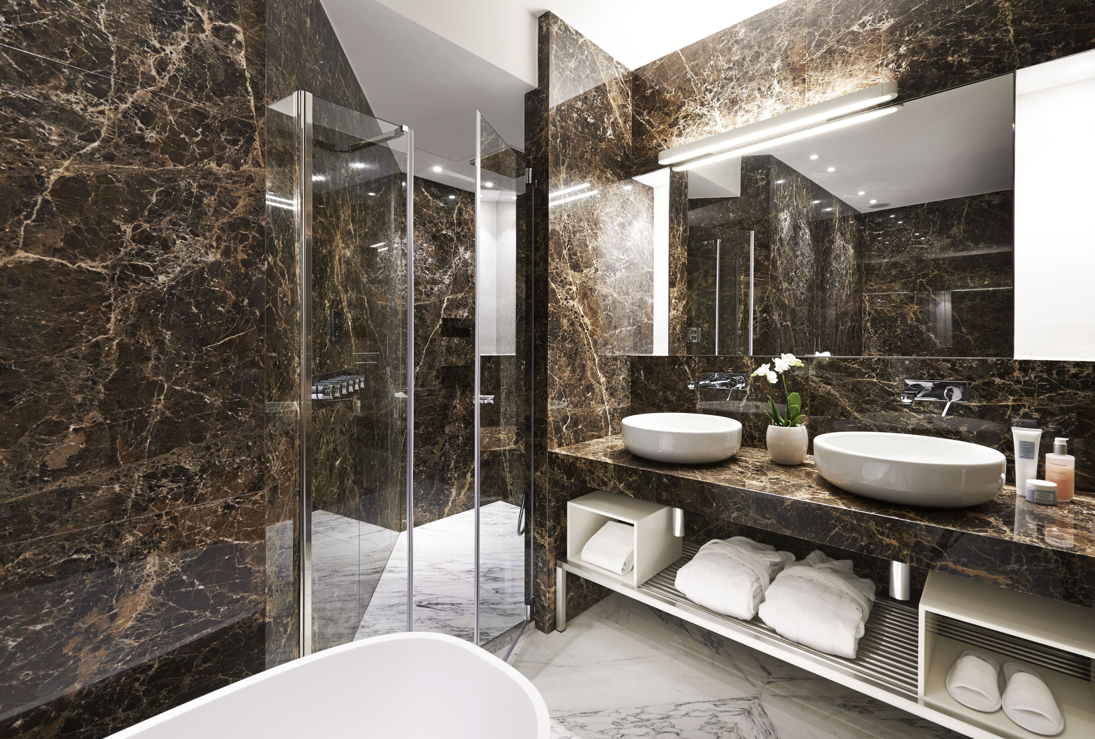 junior room, partial lake view | bathroom | hair dryer, bathrobes, slippers, bidet