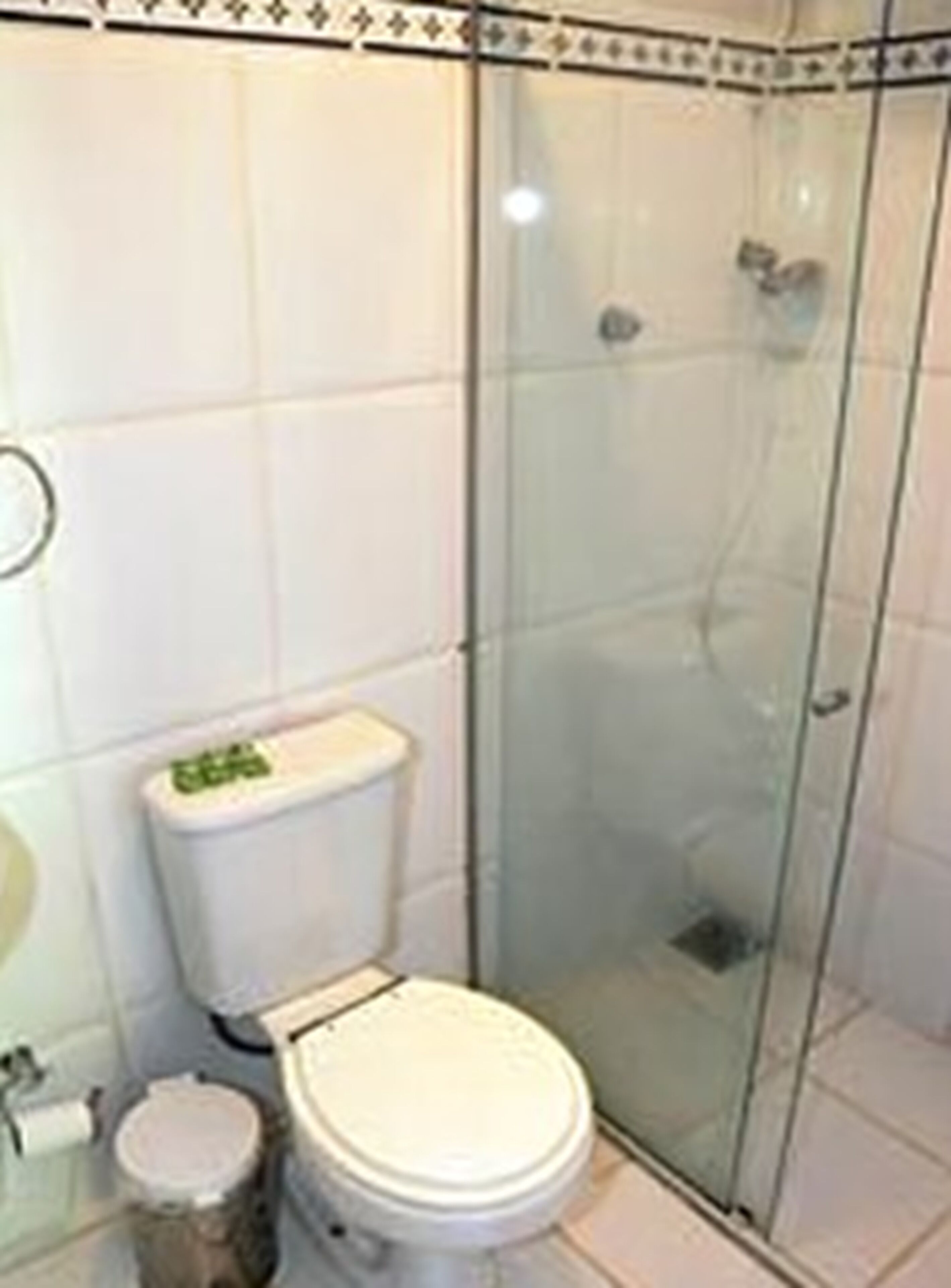 A bathroom with a toilet, a sink, and a glass shower enclosure.