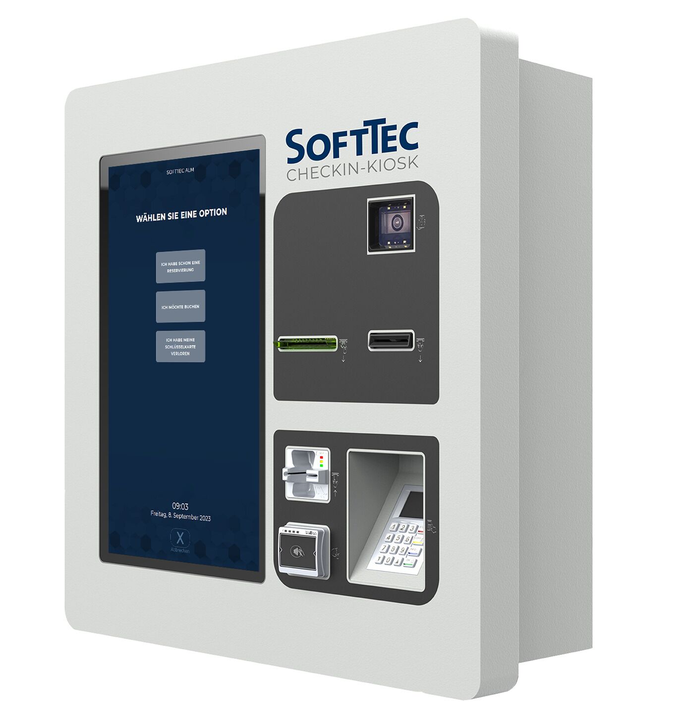 Ein SoftTEC Checkin-Kiosk mit digitaler Benutzeroberfläche zur Zimmerauswahl, einer Kamera, einem USB-Anschluss, einem Kartenlesegerät und einem Ziffernfeld.