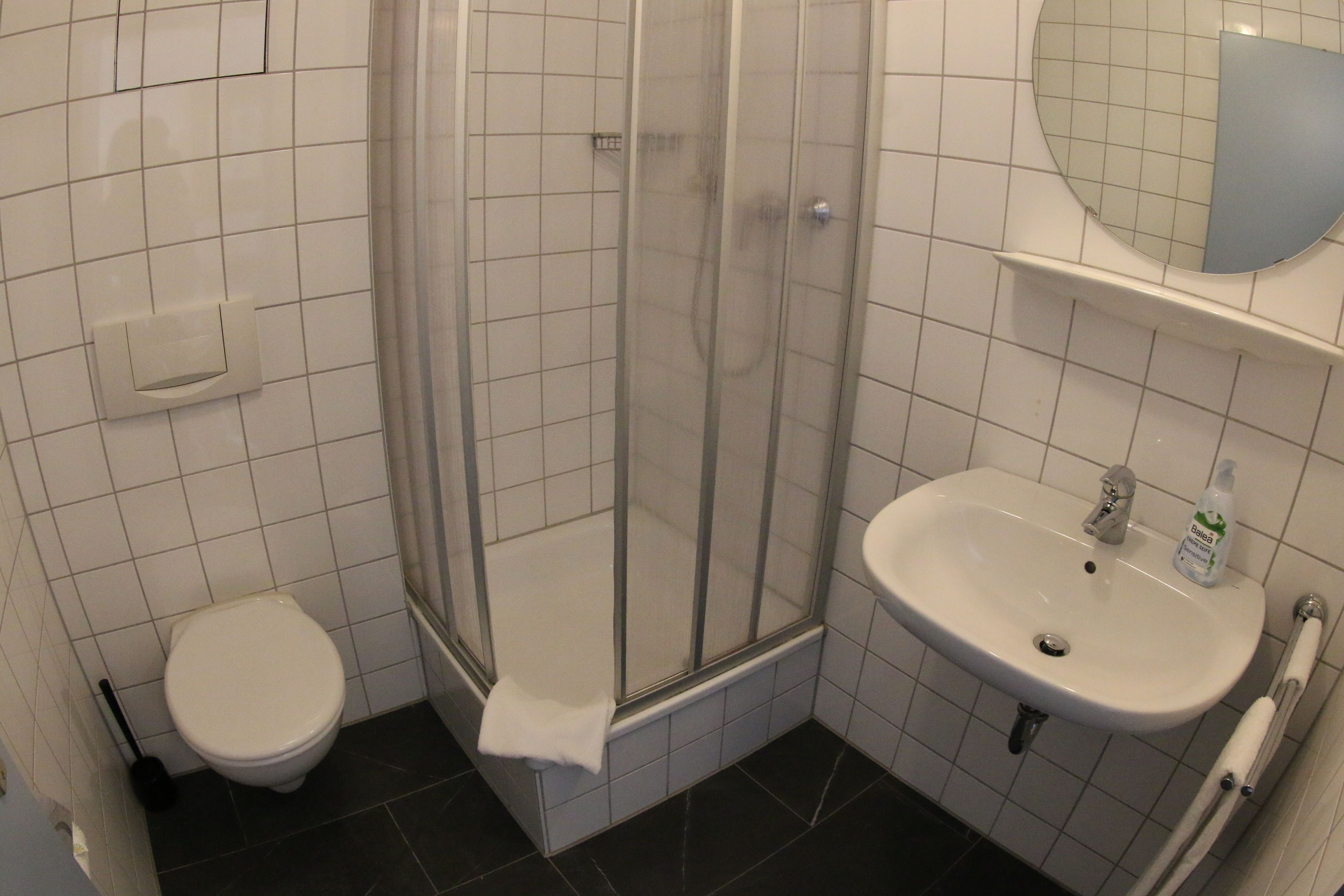 A bathroom with a white toilet, a glass-enclosed shower, and a white sink with a mirror above it.
