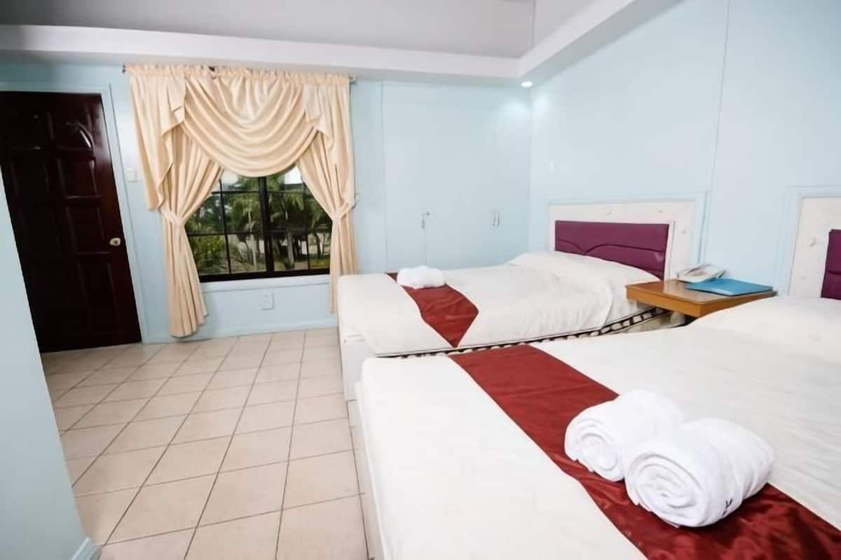 A hotel room with two beds, a window with curtains, a bedside table with a phone, and a view of greenery outside.