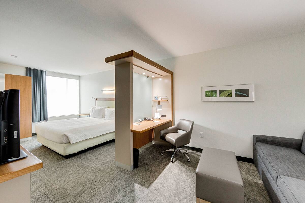 A hotel room with a bed, a desk, a chair, a sofa, a TV, and a mirror.