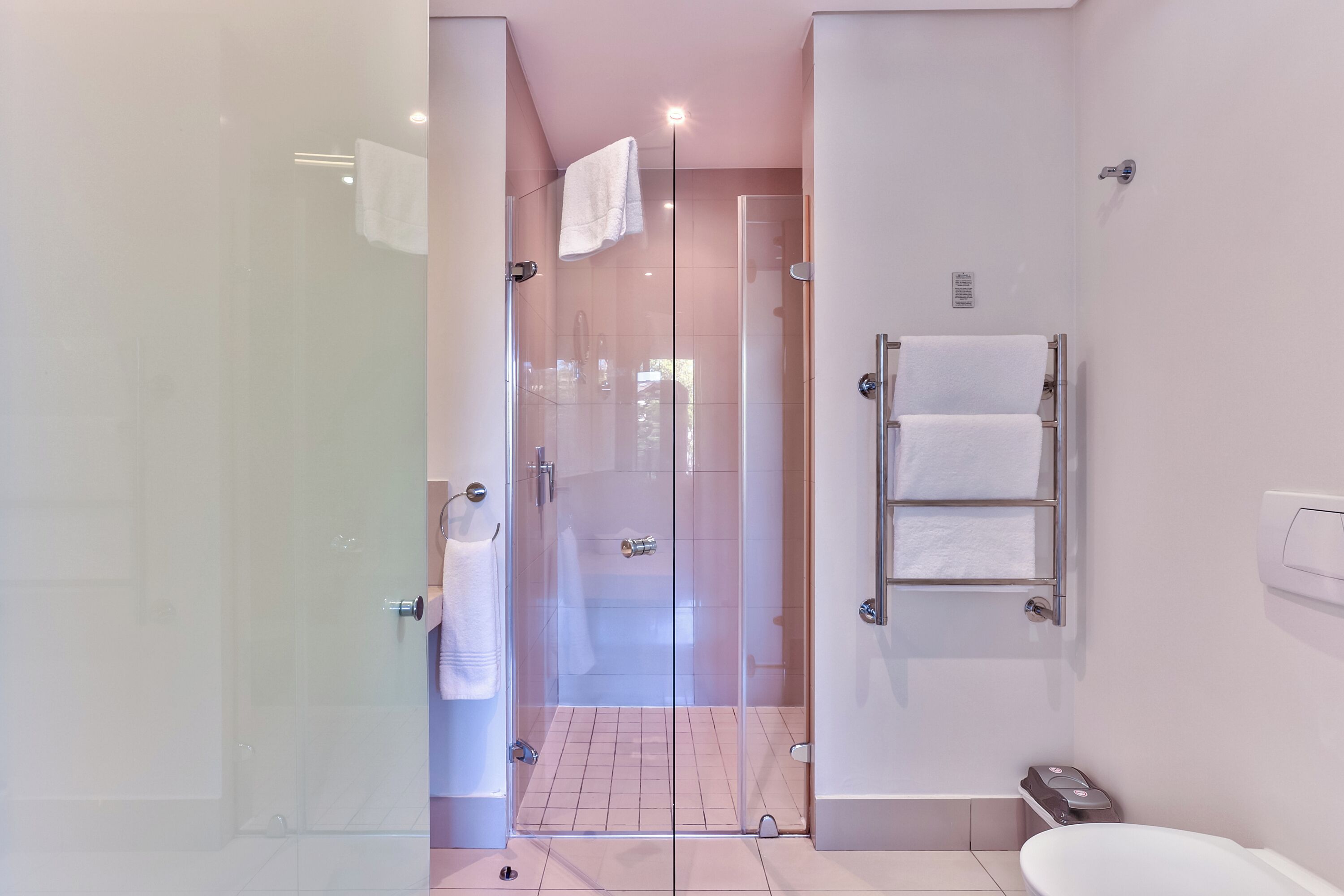 A modern bathroom with a glass shower enclosure, a white toilet, and a towel rack.
