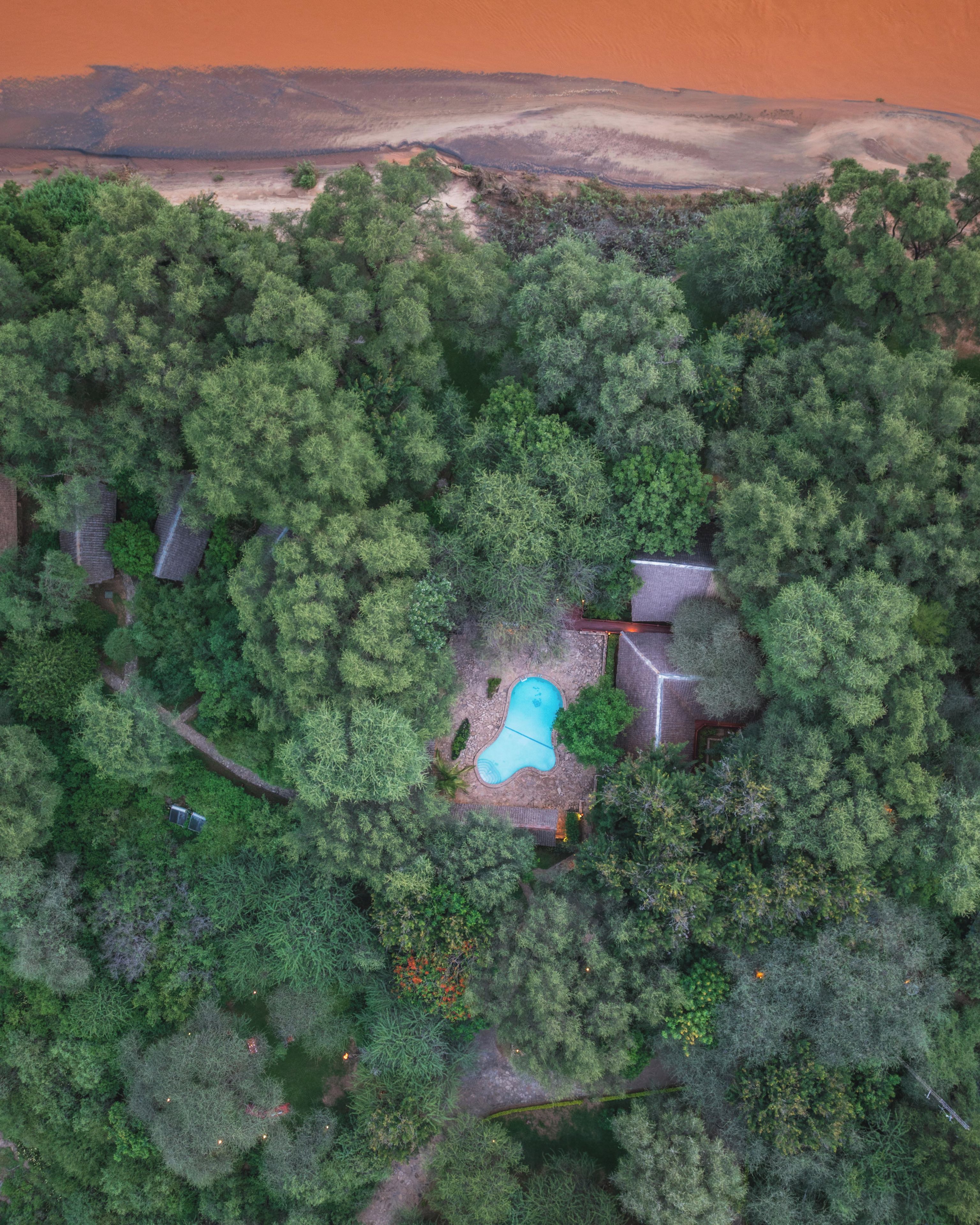 An aerial view of a forested area with a swimming pool and several buildings.