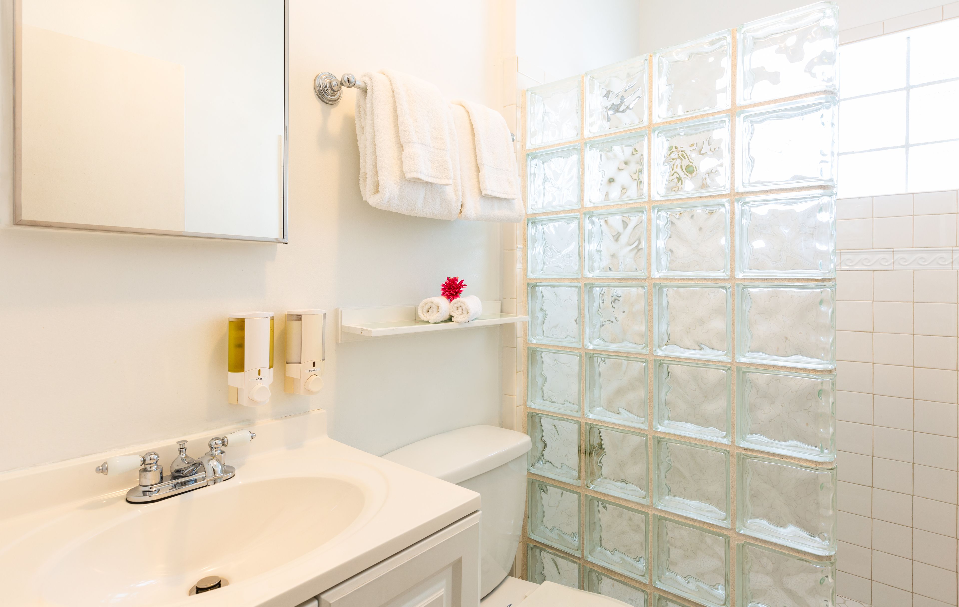 A bathroom with a white sink, a toilet, and a glass block shower enclosure.