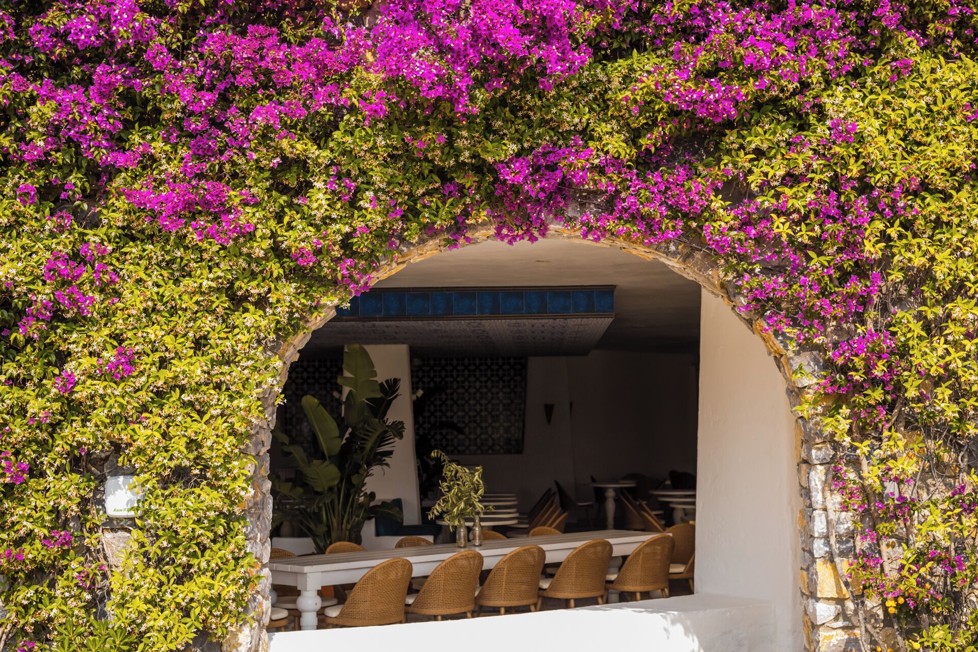 Zona pranzo all'aperto con arco in pietra ricoperto di fiori viola vivaci, che conduce a un ambiente interno con soffitto piastrellato e mobili in vimini.