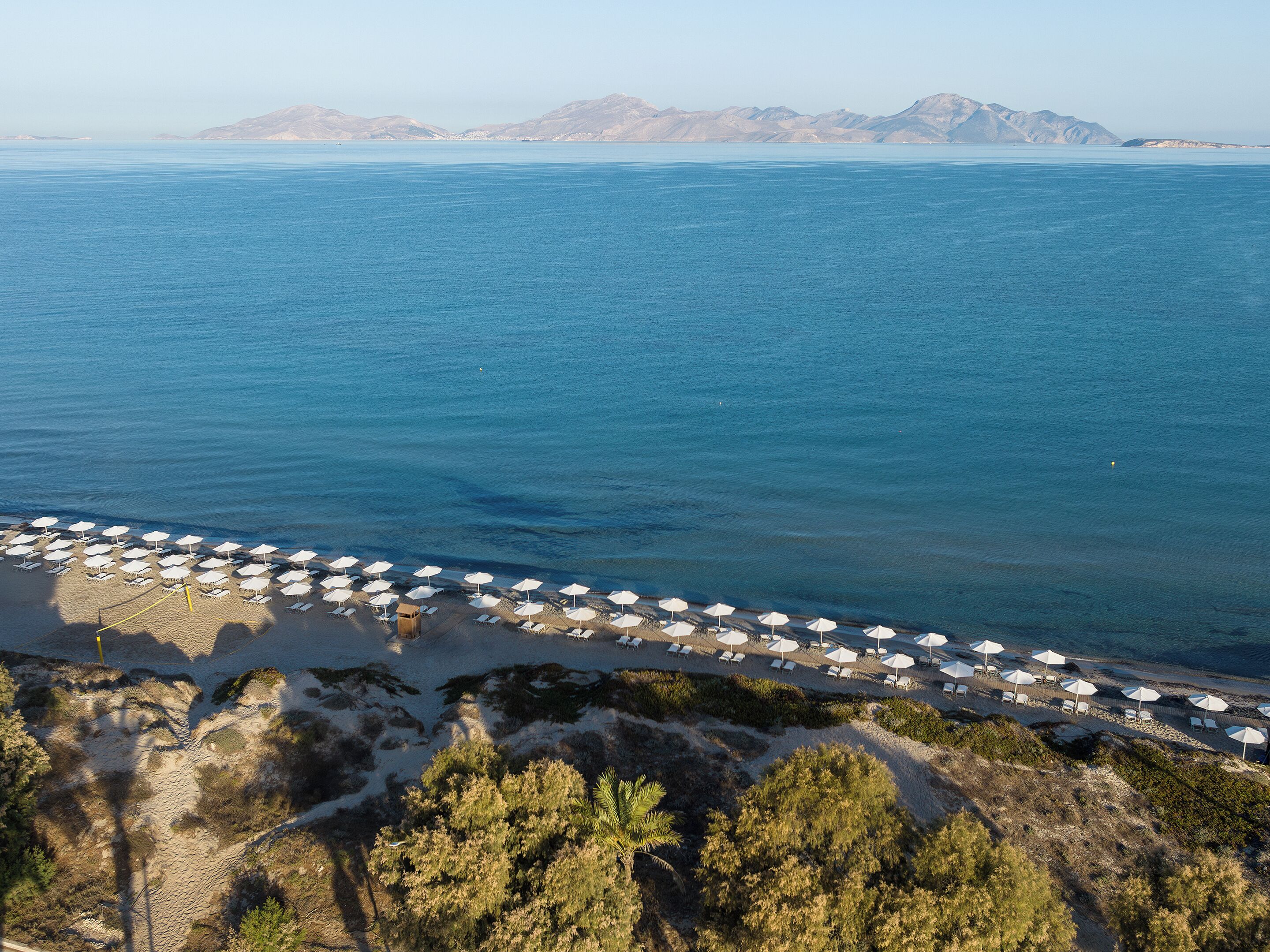 A beach with rows of white umbrellas and sun loungers, a sandy shore, and a mountainous backdrop.