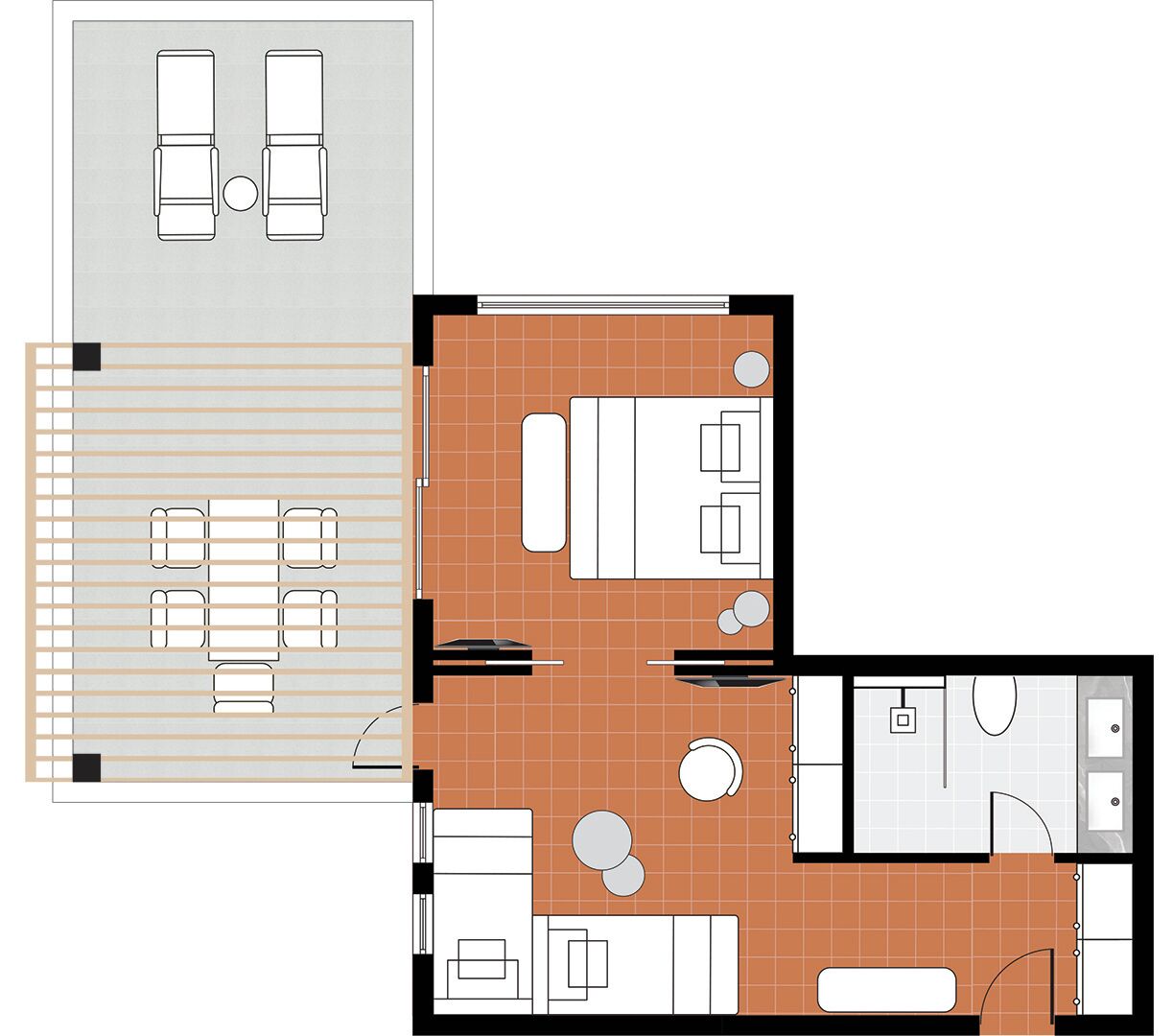 A hotel room layout with a bed, seating area, and bathroom.