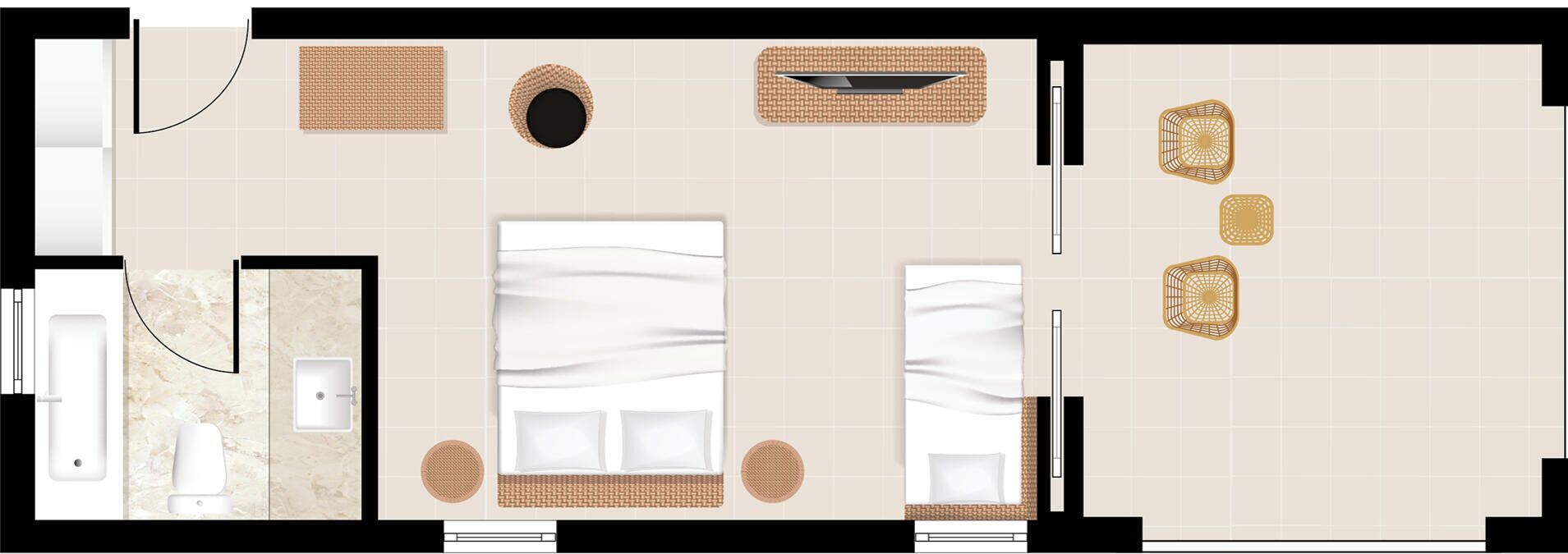 A hotel room layout with a bed, two bedside tables, a bathroom, and a sitting area with a chair and a small table.