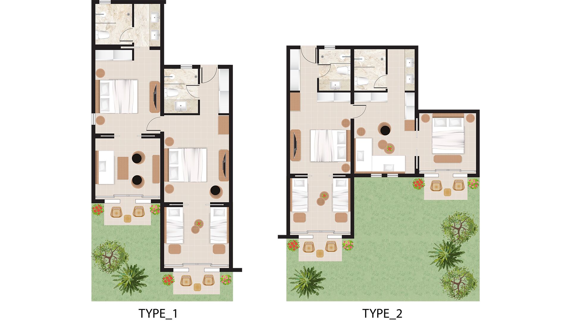 Två planritningar över ett hotell med planlösningar av typ 1 och typ 2, inklusive planlösning för rummen och utomhusområden med sittplatser.