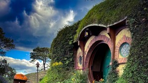 A Hobbit-style house with a round door, stone steps leading up to it, and a garden with various flowers.