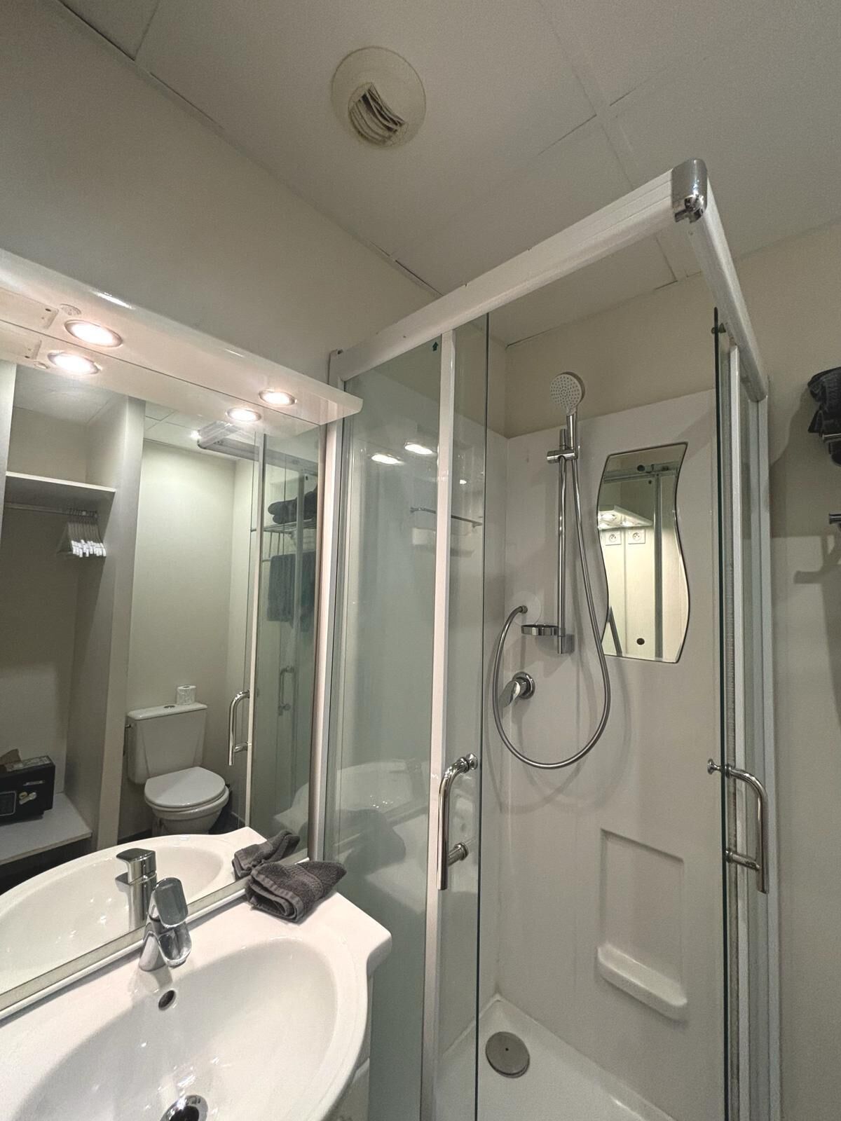 A modern bathroom with a glass-enclosed shower, a white sink, and a large mirror.