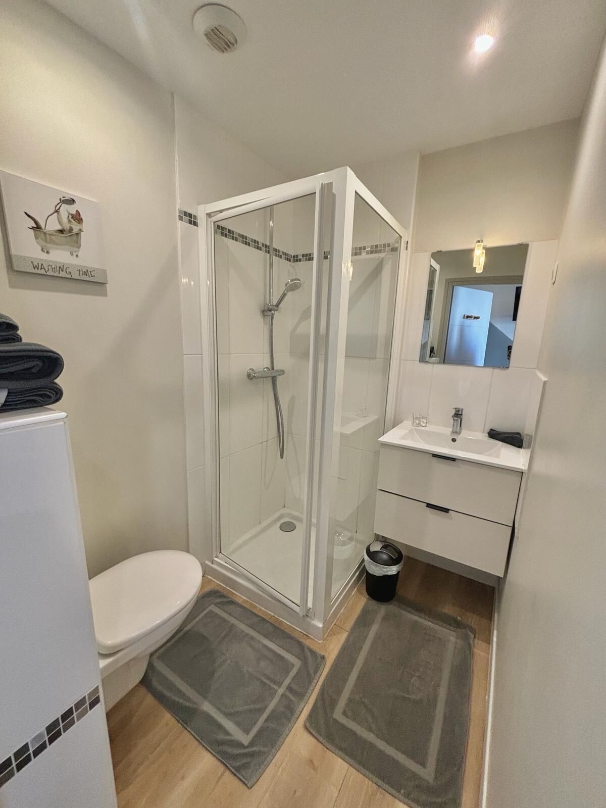 Une salle de bain moderne avec une douche à parois de verre, des toilettes blanches, un lavabo avec un miroir et une petite poubelle.