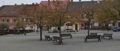 Una plaza adoquinada con bancos y árboles, rodeada de edificios históricos con tejados rojos y una cúpula verde.