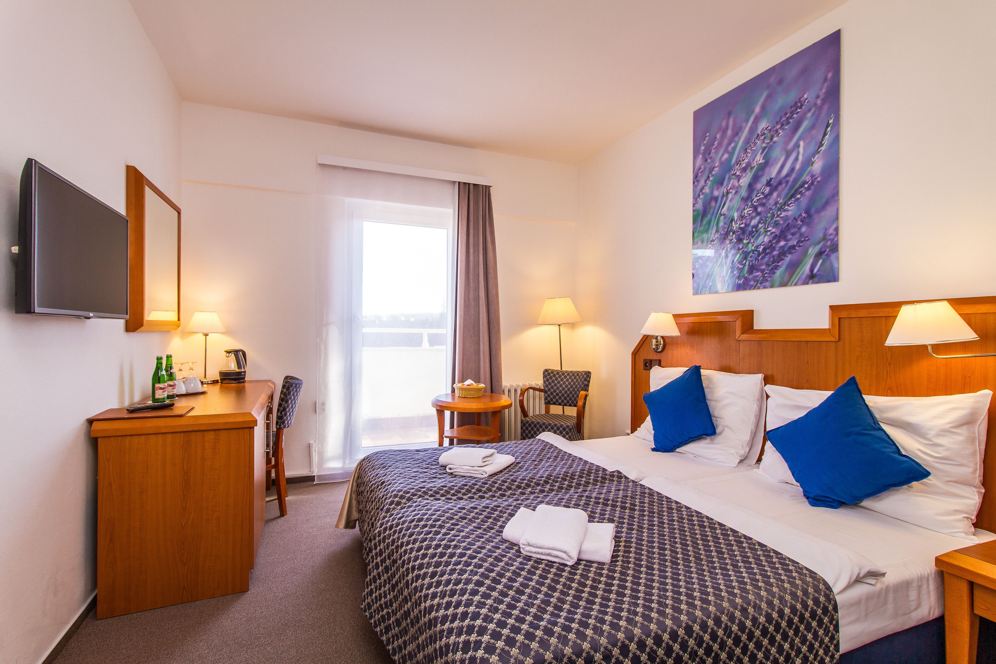 Habitación de hotel con cama, escritorio, silla, televisor y ventana.