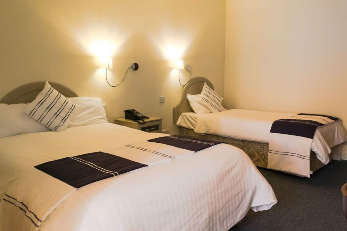 Una habitación de hotel con dos camas individuales, cada una con cabecero, mesitas de noche y lámparas.