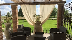 Un espace extérieur aménagé avec des meubles en osier, une pergola surmontée d’une toiture en treillis et des plantes en pot.