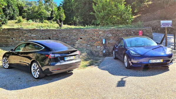 Two cars parked near a stone wall with a sign indicating a private park and reception area.