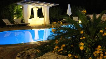 Seasonal outdoor pool, pool umbrellas, pool loungers