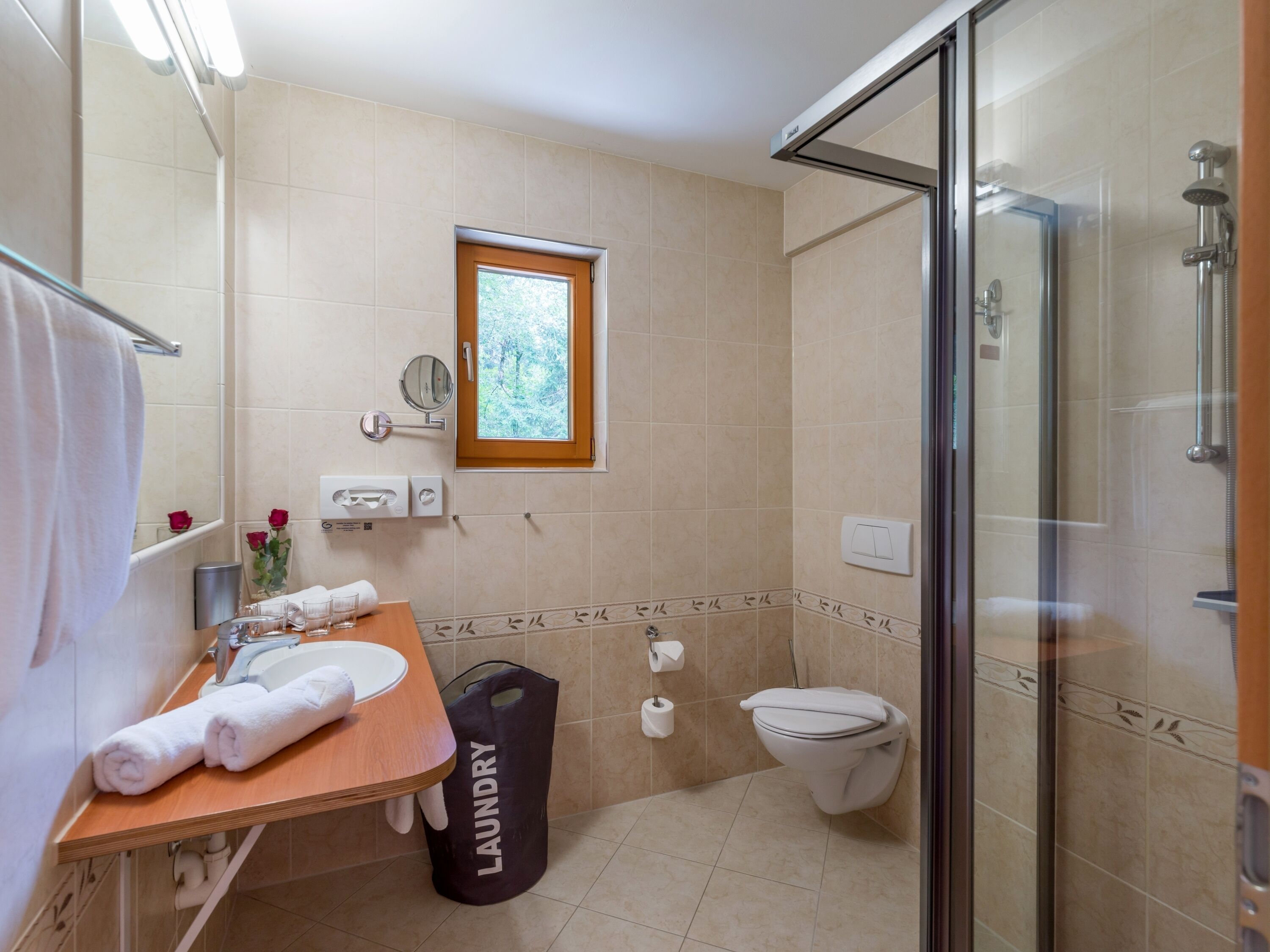 A modern bathroom with a glass shower enclosure, a toilet, a sink with a mirror, and a window.