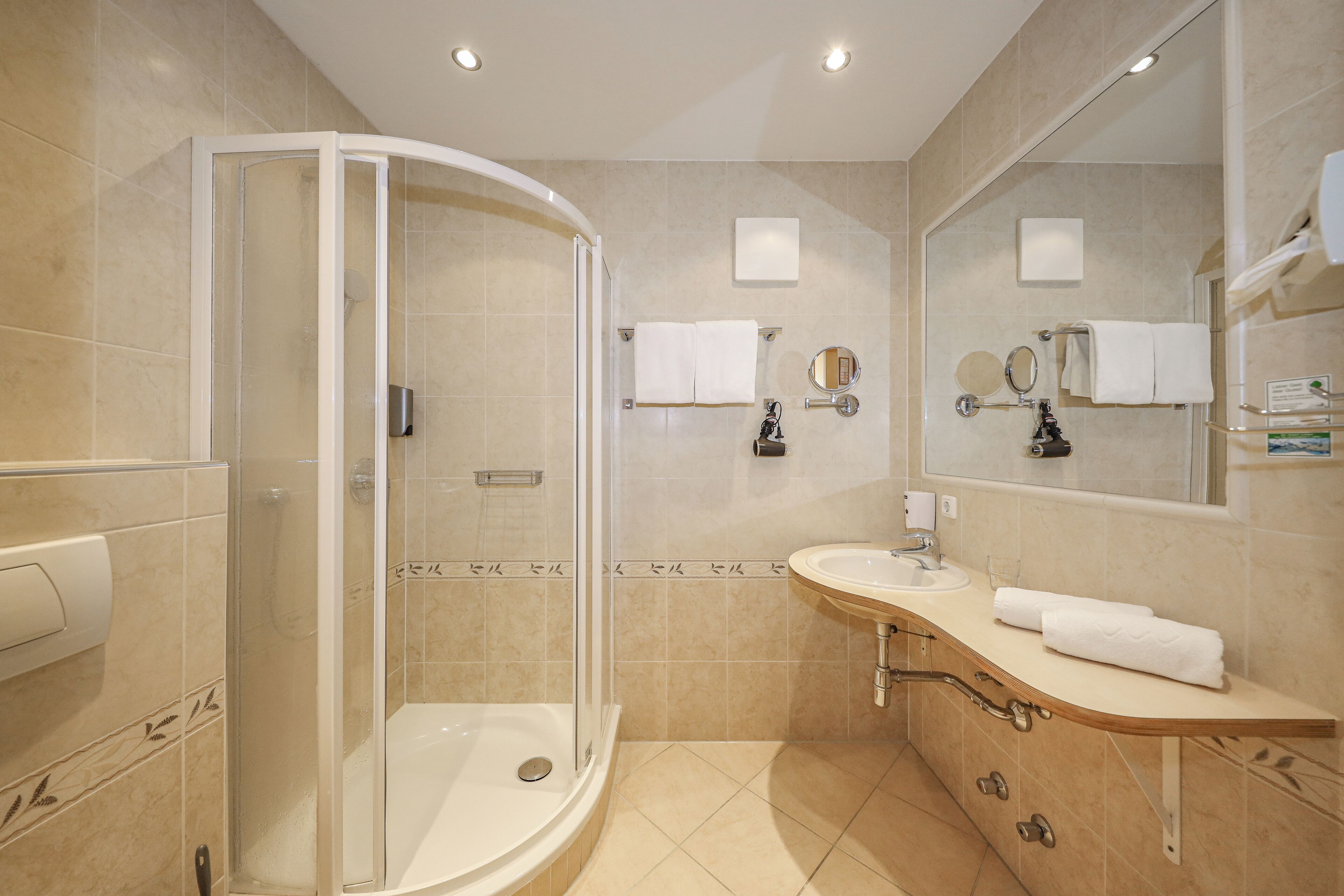 A modern bathroom with a glass-enclosed shower, a vanity with a sink, and a large mirror.