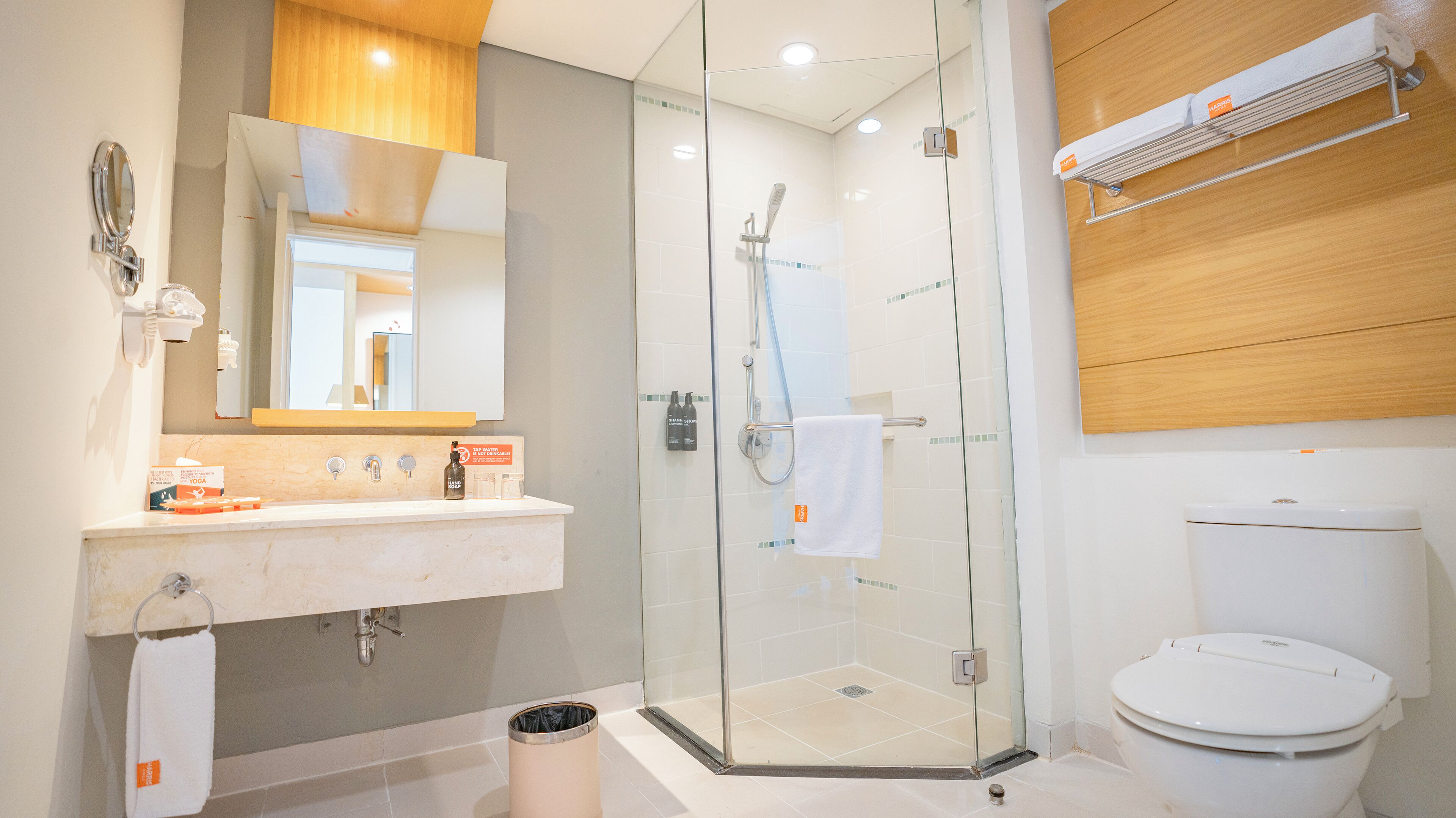 shower, free toiletries, hair dryer, bathrobes