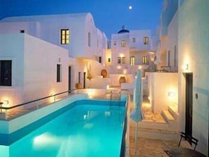 Outdoor pool, pool umbrellas, pool loungers