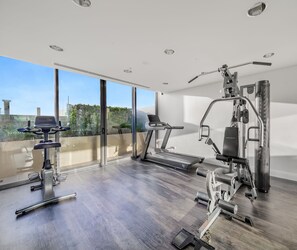 A modern home gym with a treadmill, elliptical, and weight machines, large windows, and a view of greenery.