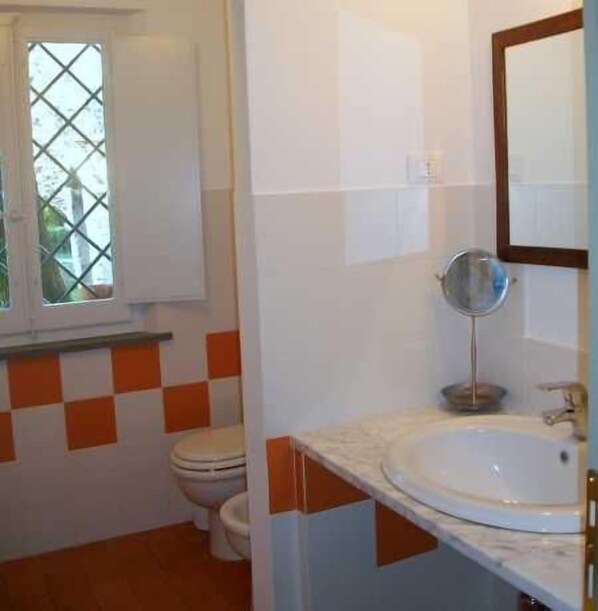 A bathroom with a toilet, a sink, and a window.