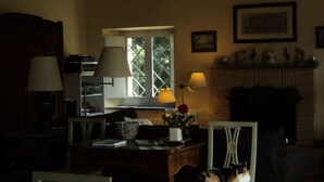 A cozy living room with a fireplace, a dining table with chairs, and a cat sitting on a chair. - B e B San Valentino (Osimo)