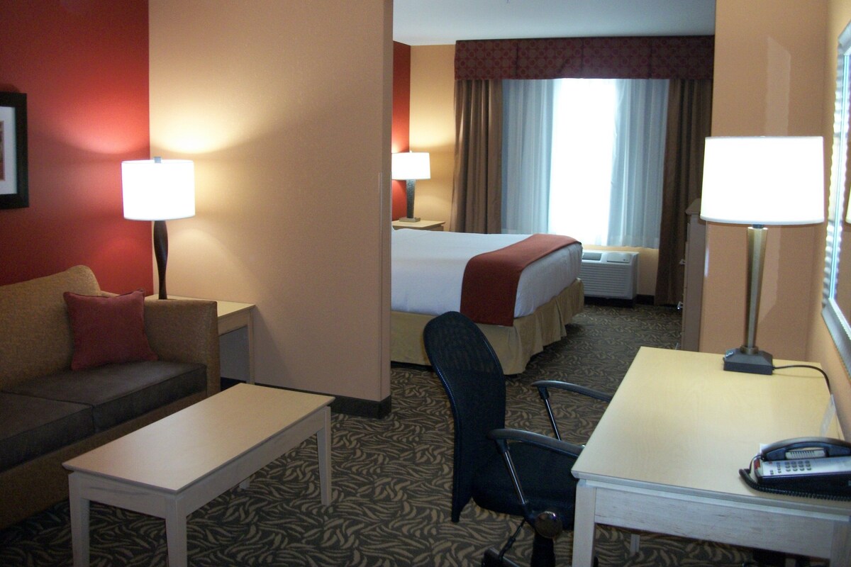 A hotel room with a bed, a desk, a chair, a sofa, and two lamps.