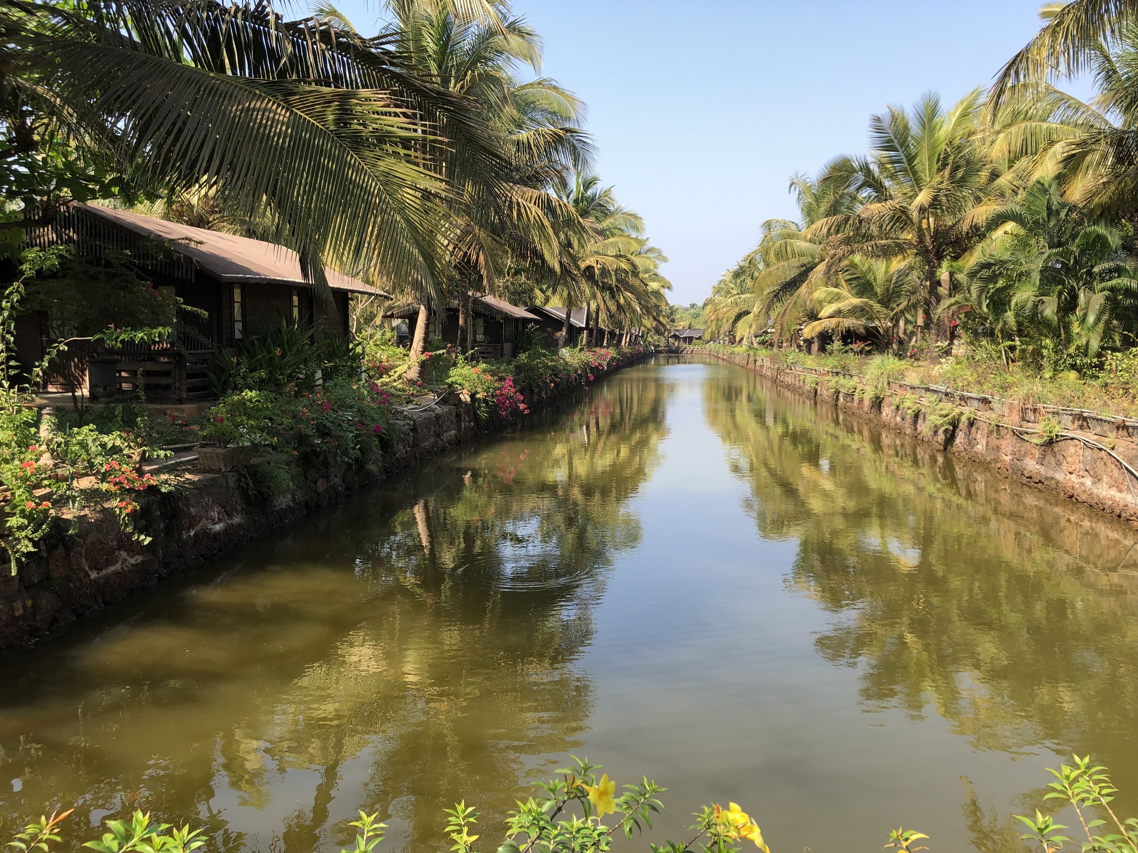 A narrow waterway flanked by lush greenery and traditional wooden structures.