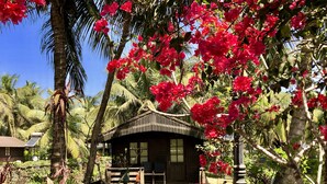 A wooden house with a thatched roof, surrounded by lush greenery and red flowers. - Resort Primo Bom Terra Verde (Baga)