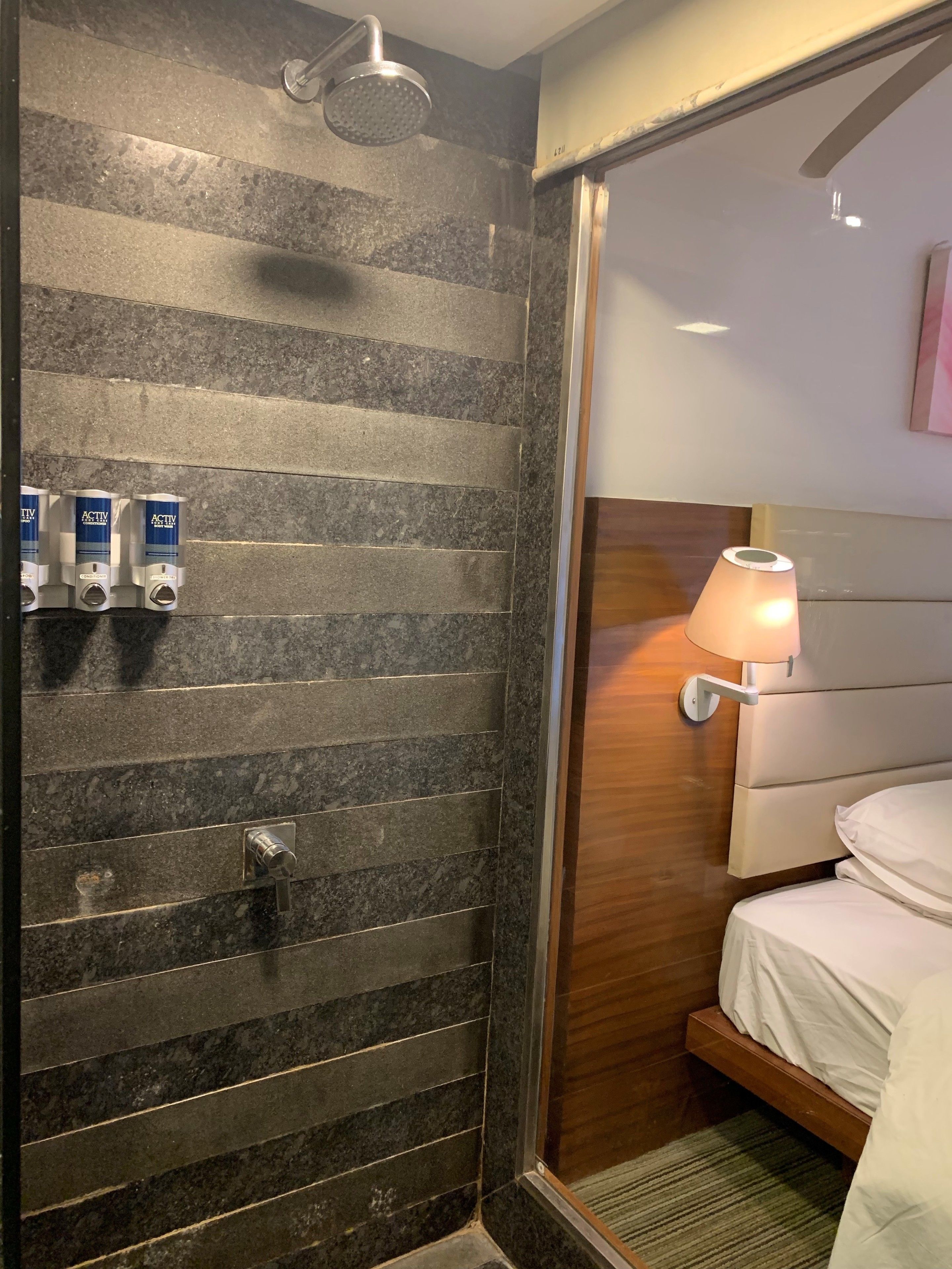 A bathroom with a shower, a toilet, and a bed with a nightstand.