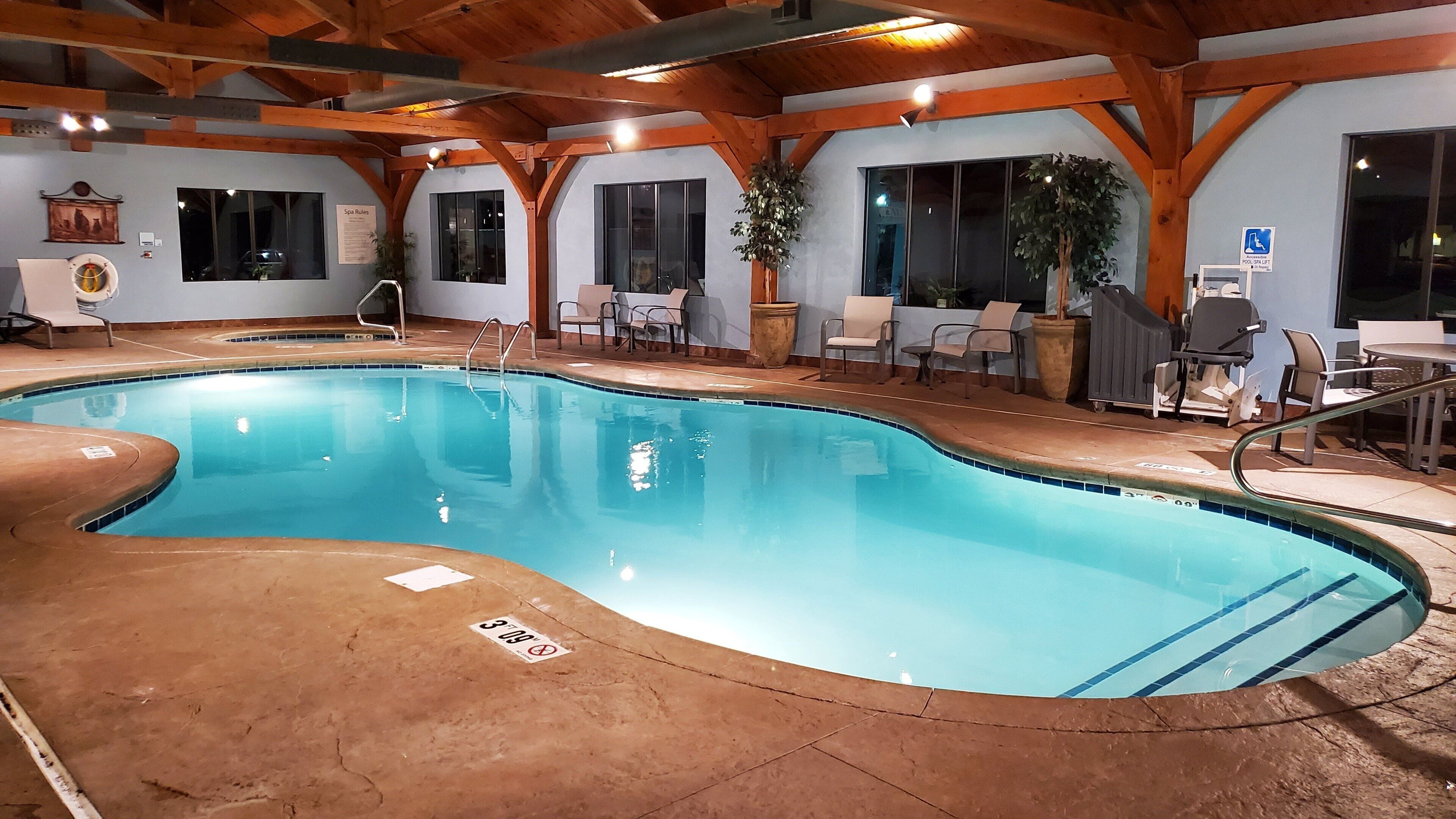 indoor pool, open 8:30 am to 10:30 pm, pool loungers