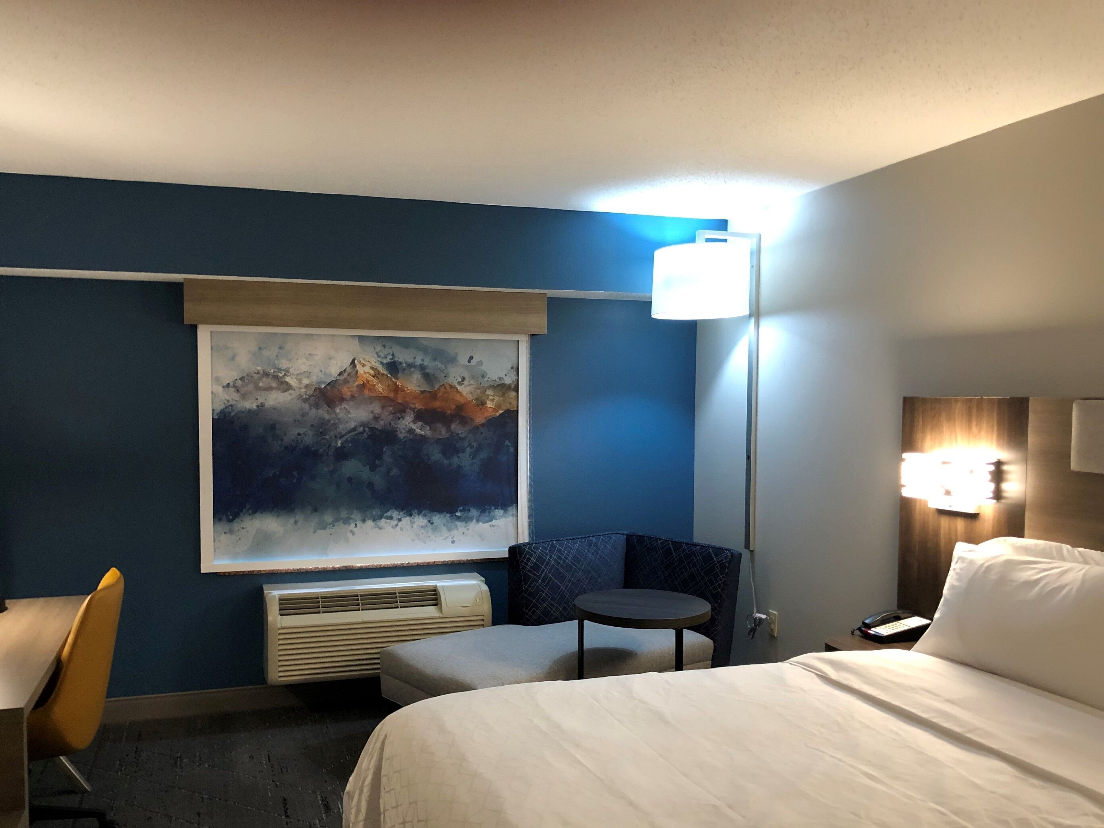 desk, laptop workspace, blackout curtains, iron/ironing board