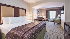 Una habitación de hotel con una cama grande, un escritorio, una silla y un sofá.