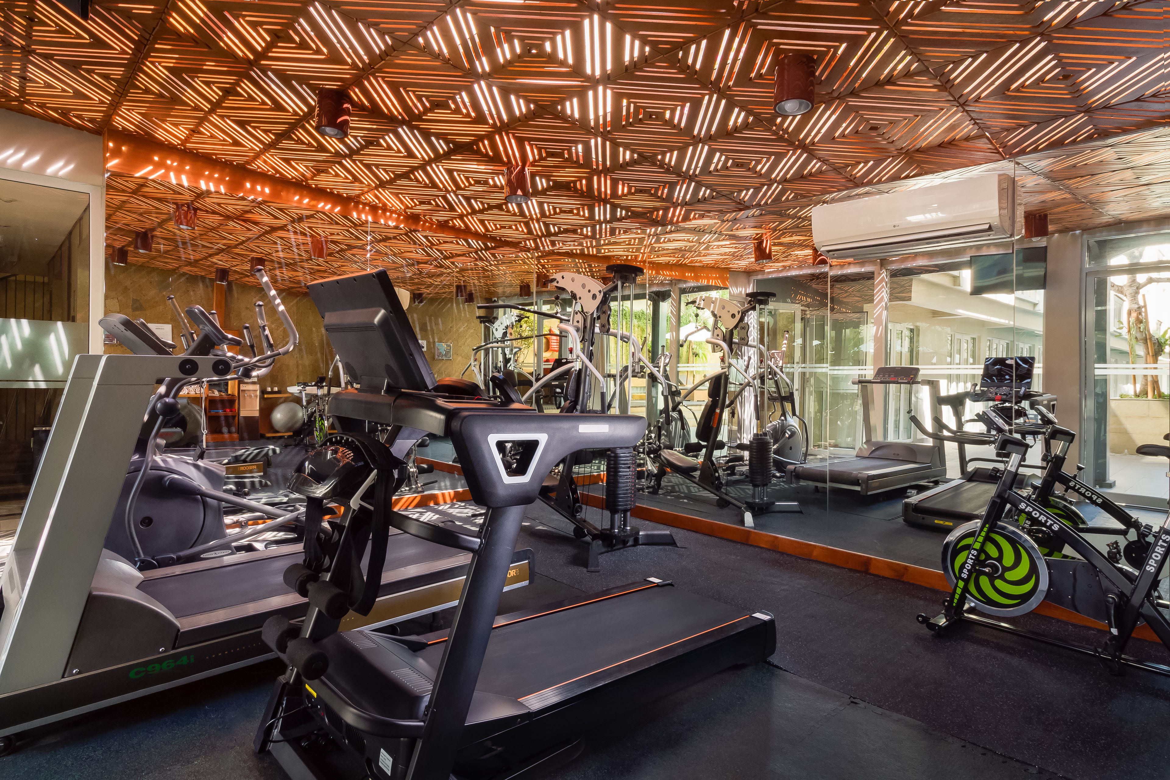 Une salle de sport équipée de divers appareils d’exercice, notamment des tapis de course et des vélos d’appartement, et dotée d’un mur de miroirs qui reflète les appareils et les fenêtres.