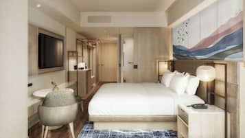 A modern hotel room with a large bed, bedside tables, a flat-screen TV, a desk with a chair, and a painting on the wall.