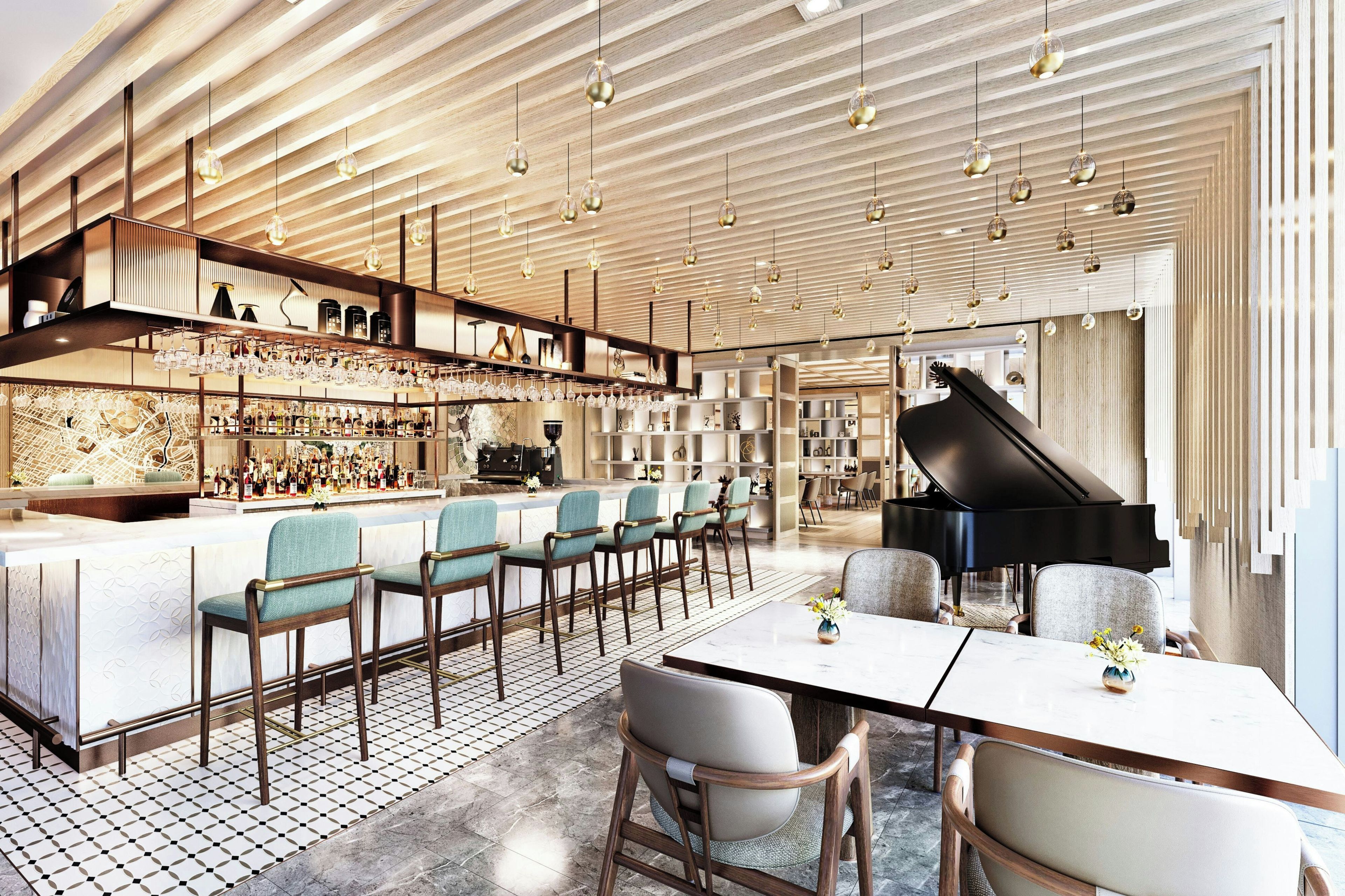 A modern bar area with a piano, bar stools, and a variety of bottles and glasses.