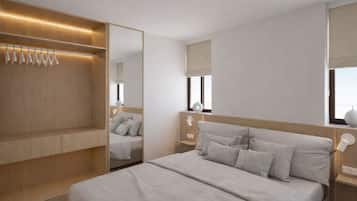 Un dormitorio moderno con una cama grande, armario empotrado y lámparas de noche.