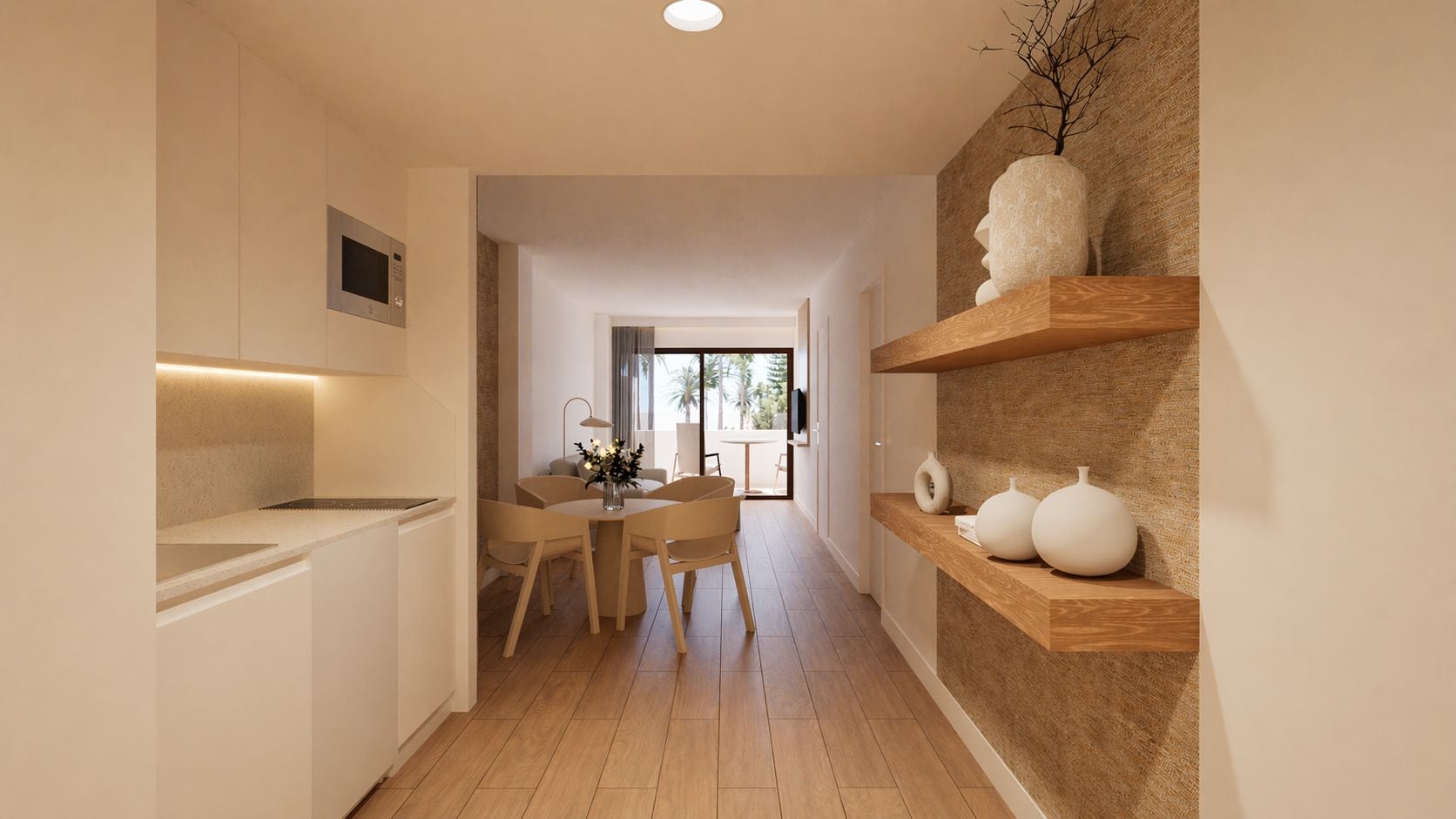 Une cuisine moderne avec un coin repas, un plancher en bois et des étagères intégrées ornées d’objets décoratifs.